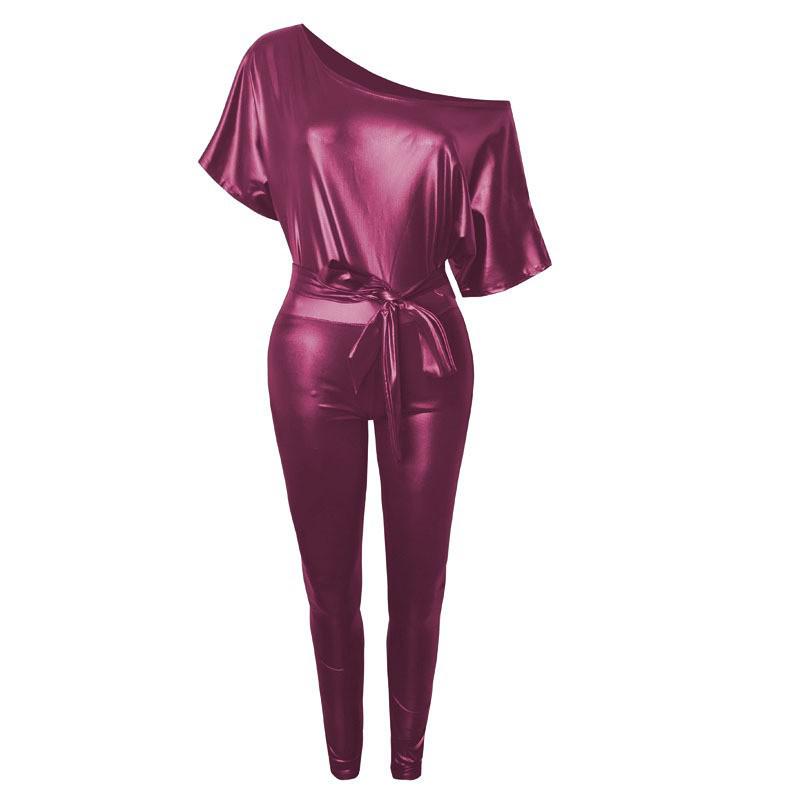 New Fashion Faux Leather Dress - Elastic Diagonal Neck & Batwing Short Sleeve