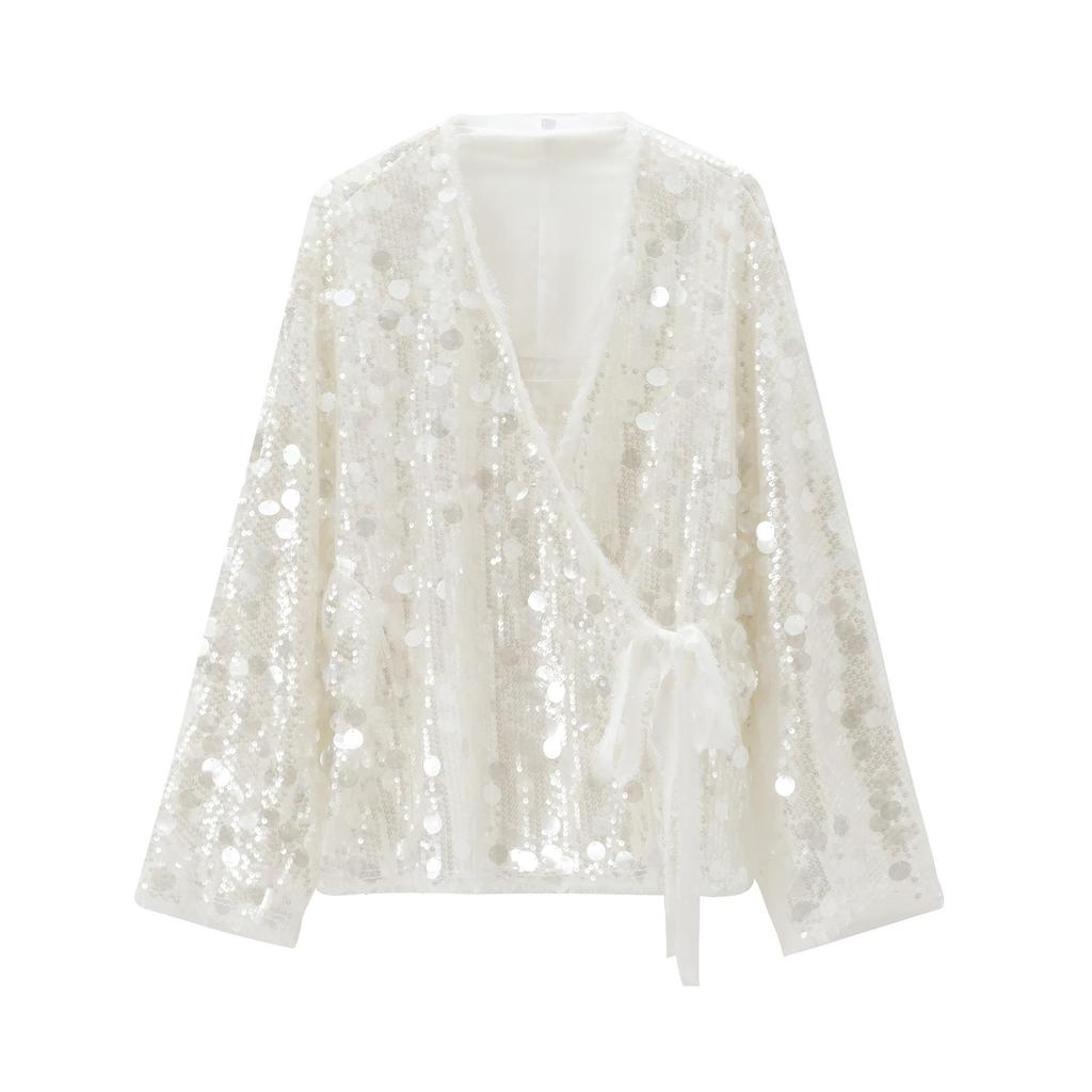European & American Women's Sequin-Embellished Wrap Kimono Top