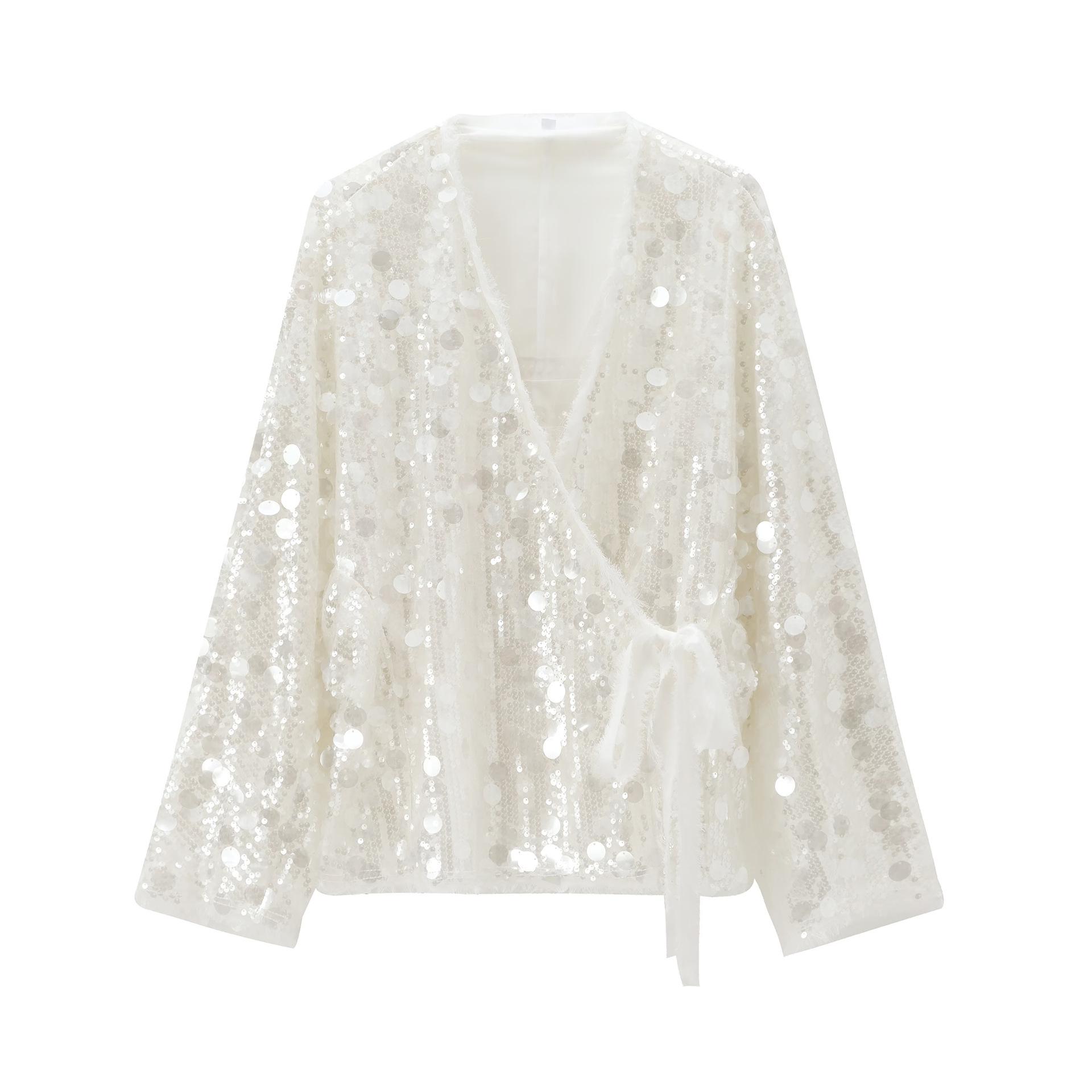 

European & American Women s Sequin-Embellished Wrap Kimono Top S білий