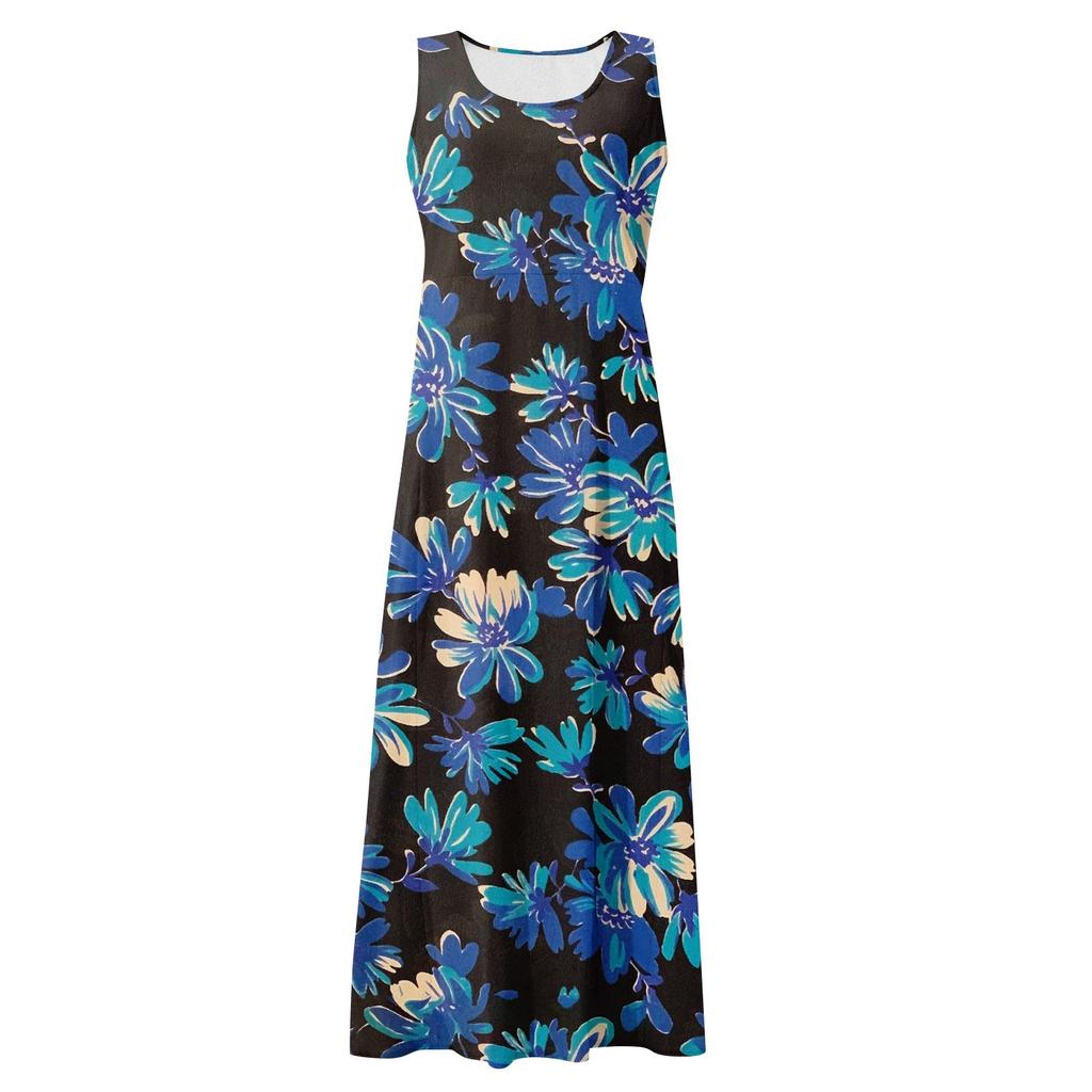 Women's Summer Casual Round Neck Printed Sleeveless Dress With Pockets