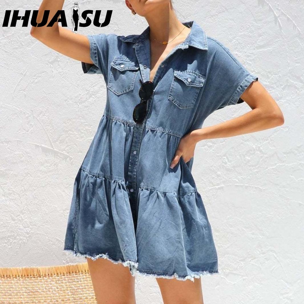 

IHUASU Summer Short Sleeve Lapel Casual Denim Dress XL синій