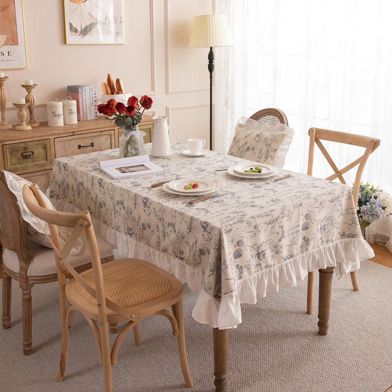 French Polyester Printed Plant Flower Pleated Lotus Leaf Fungus Edge Rectangular Coffee Table Tablecloth Dining Table Cloth