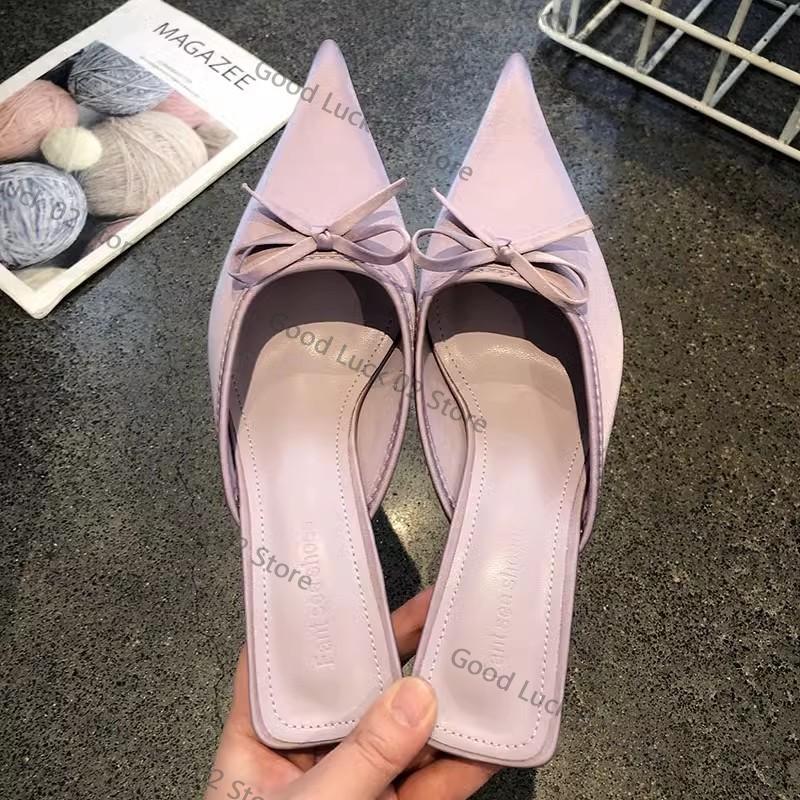 Fashion New Butterfly-knot Women Slipper 2025 Summer Pointed Toe Slip On Ladies Mules Thin Low Heel Satin Slide Sandals Zapatos Mujer
