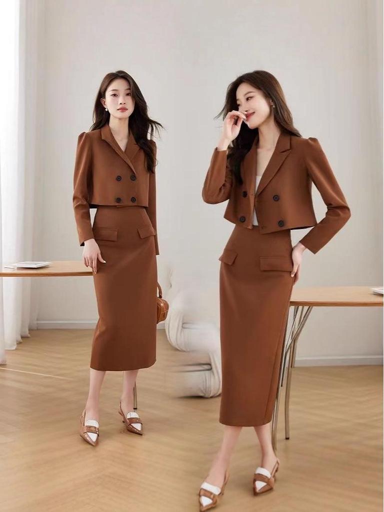 Plus Size 300 Jin Korean Autumn Double-Breasted Lapel Top and High-Waisted Slimming Skirt Set