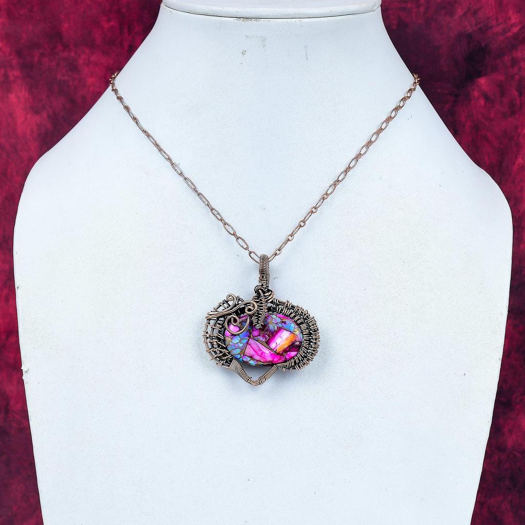 Natural Kingman Pink Dahlia Turquoise Pendant Copper Wire Wrapped Unique Jewelry