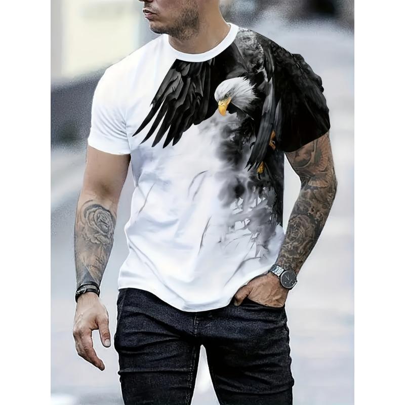 Men s 3D Eagle Print T-Shirt - Casual black and white T-shirt, crew neck, short sleeves S