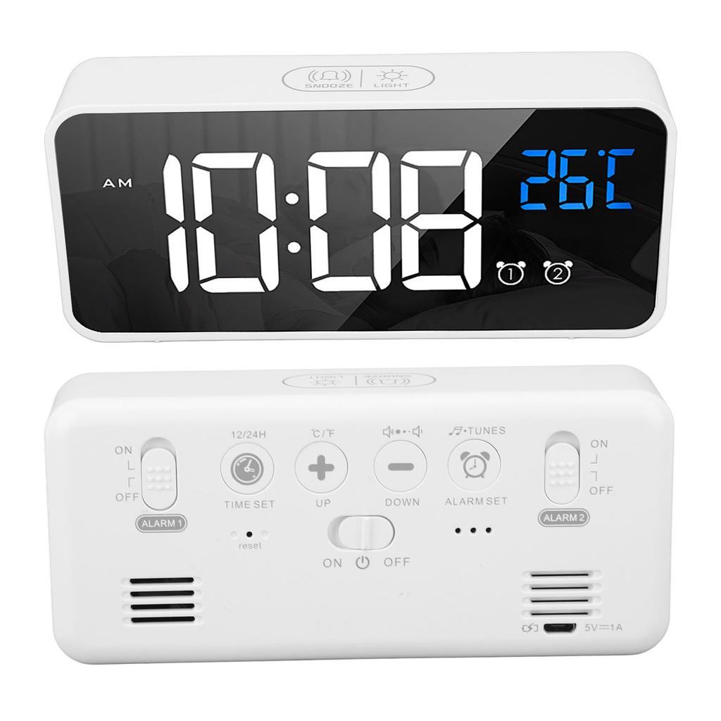 Mirror LED Alarm Clock Two Sets of Alarm Rechargeable Voice Activated Digital Clock for Bedrooms Bedside Desk White