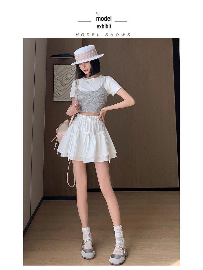 Letní nadýchaná sukně s vysokým pasem a mašlí se všitými bezpečnostními šortkami - Dámský design proti odhalení