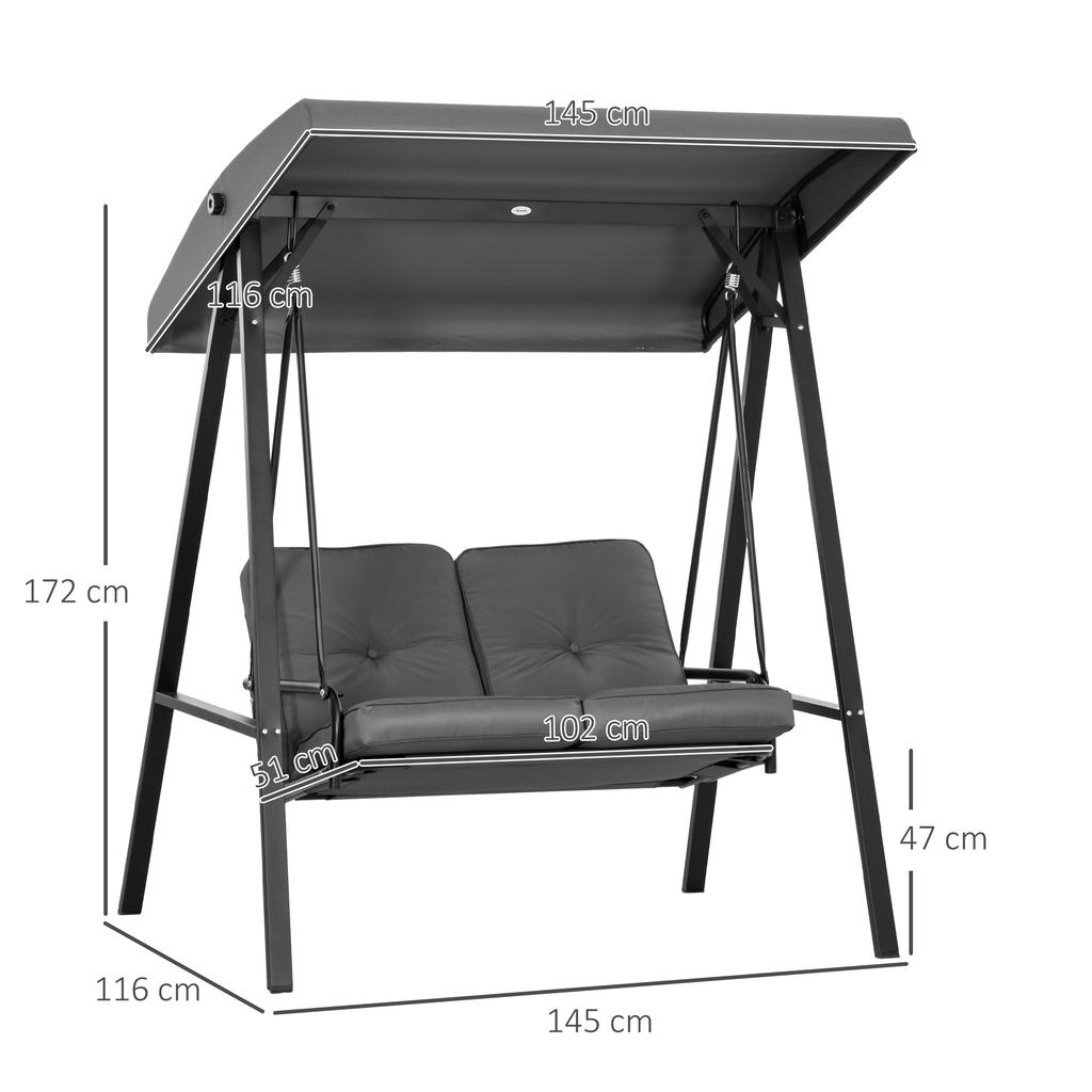 Two-Seater Garden Swing Bench, with Adjustable Canopy - Dark Grey