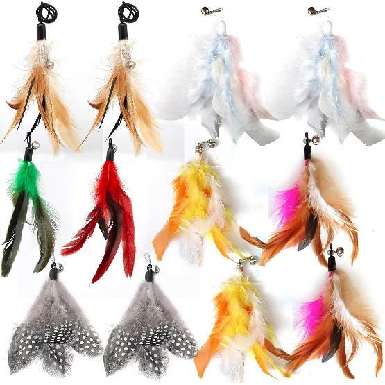 12 Pack Cat Wand Feather Toy Refills with Bells , Natural Feather Replacement for Interactive Teaser Toys, Colorful Wand Attachments, Durable and