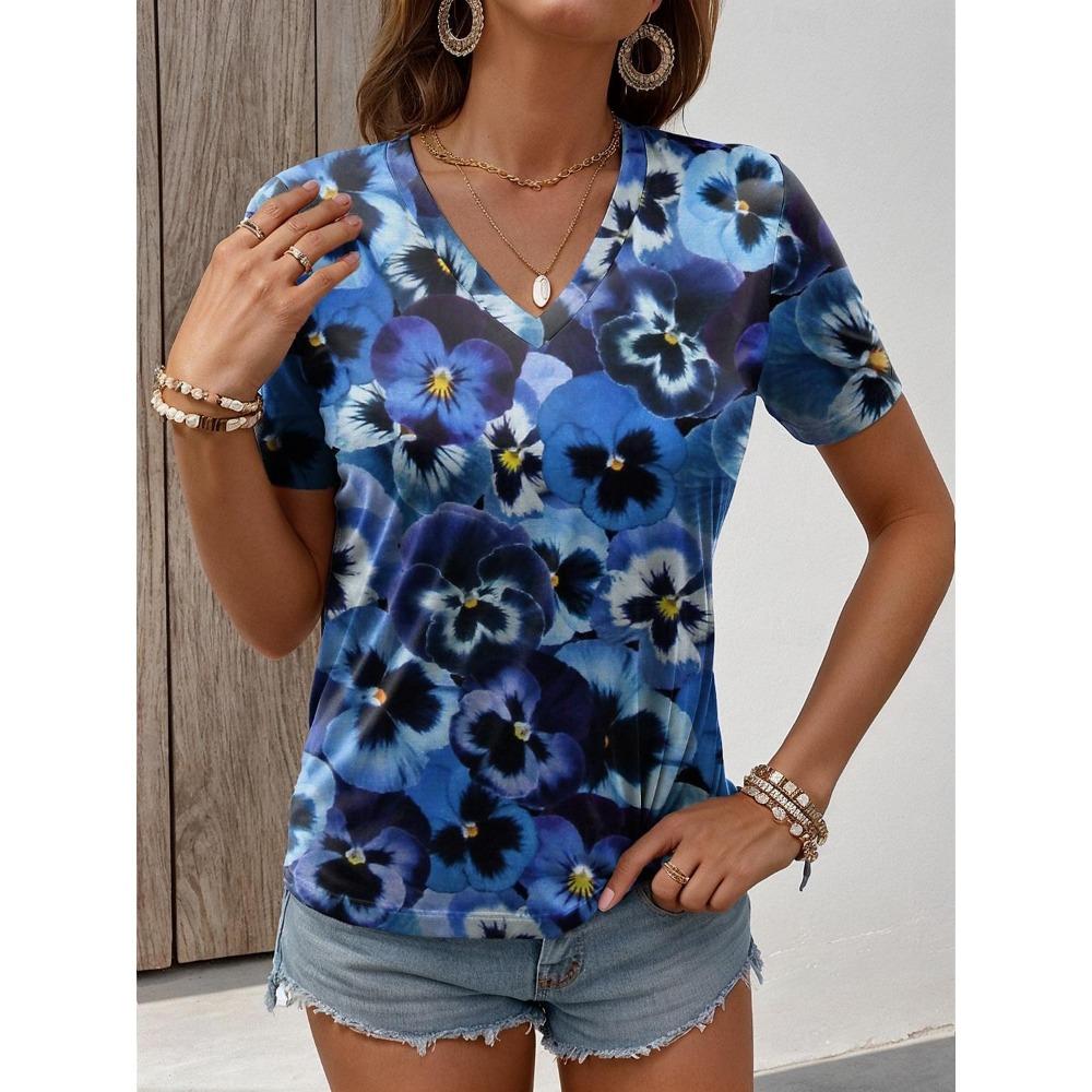 Women's Summer T-shirt Plant Flower Print Retro Fashion Casual Short-sleeved Street V-neck Women's Clothing