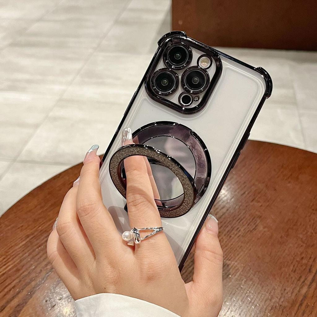 Applicable To Apple 15P Mobile Phone Case Flash Powder Magnetic Suction Bracket Wallet Electroplating 14 Four Corner Anti Fall Protection Case 16