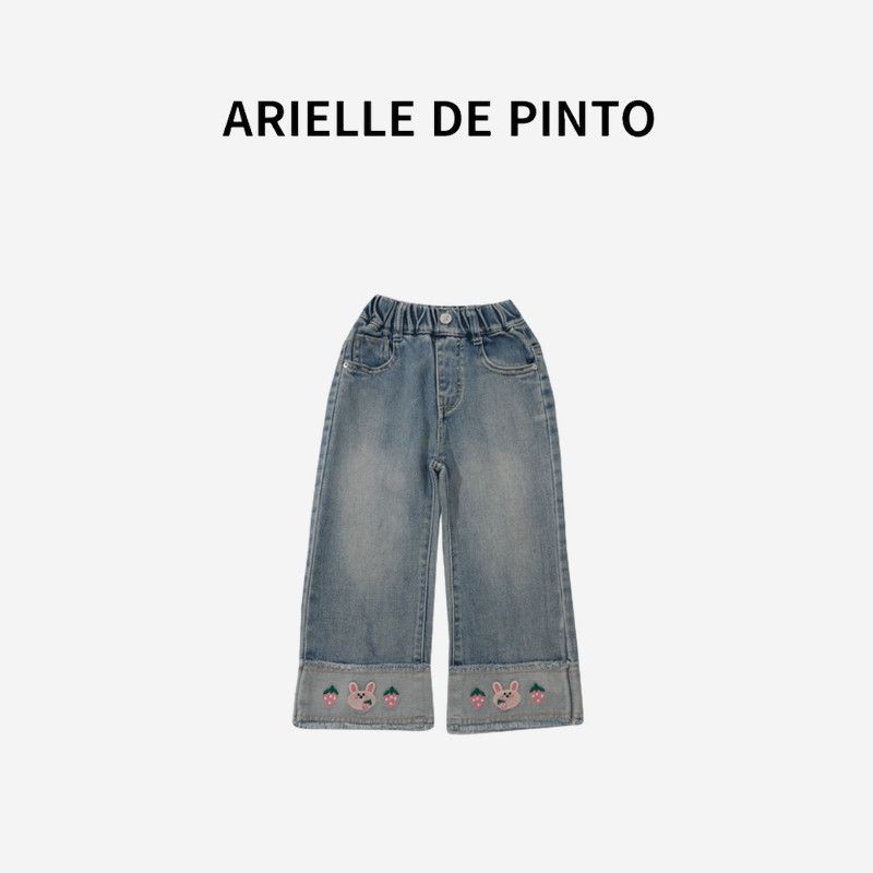 French Arielle De Pinto Girl Embroidered Strawberry Rabbit Denim Autumn Cute Girl All-Matching Pants Blue 120cm