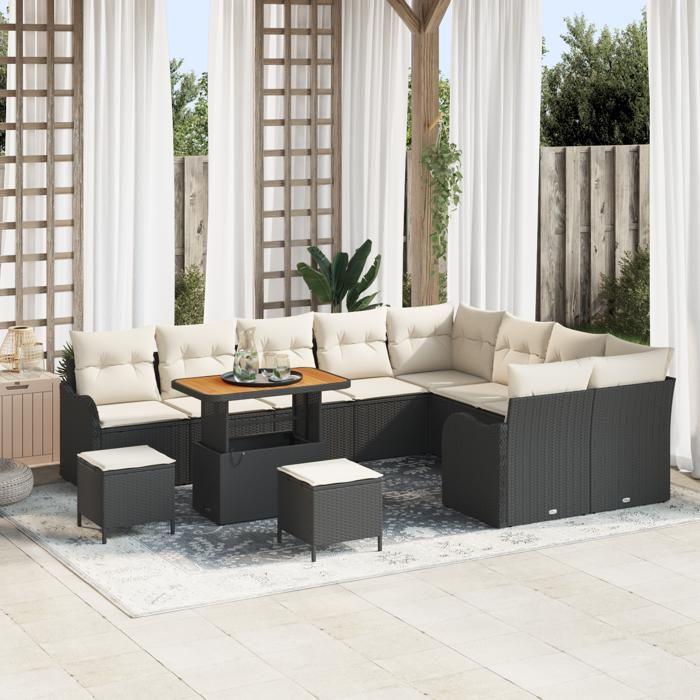 Set de canapé de jardin vidaXL 12 pièces avec coussins noir poly rattan acacia 3362305