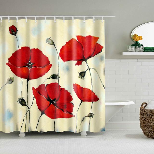 

Занавеска для душа в японском стиле с вишневым цветом и красной розой, занавеска для ванной комнаты, водонепроницаемая полиэстеровая занавеска для ванной комнаты с крючками 180*180cm