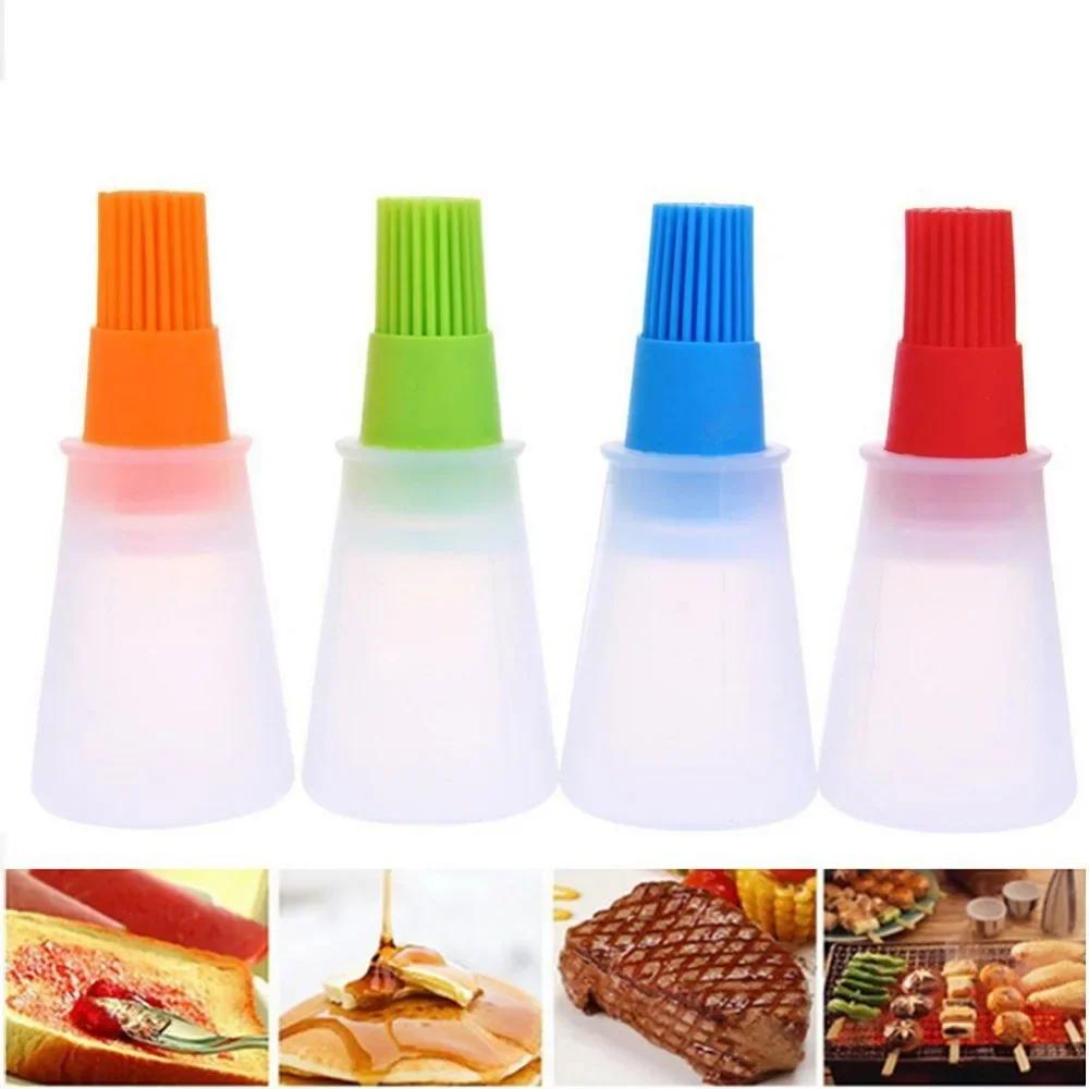 BBQ Brush Silicone Oil Brush Pancake Oil Brush Integrated Oil Pot Brush With Bottle Kitchen Dustproof High Temperature Brush