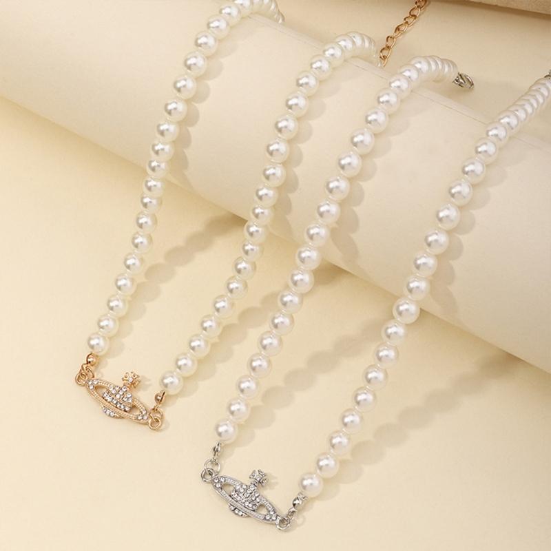 Planet Pearl Choker Necklaces for Women Crystal Rhinestones Pearl Bead Necklaces Ladies Wedding Pearl Bead Chain Neck