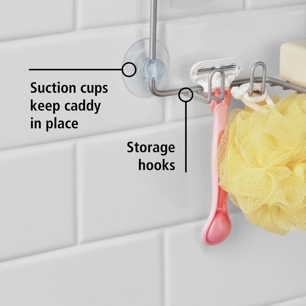 Premium Hanging Shower Caddy 2 Shelves Rust Resistant Soap Tray Over Showerhead Storage Non Slip Collar Suction Cups Hooks