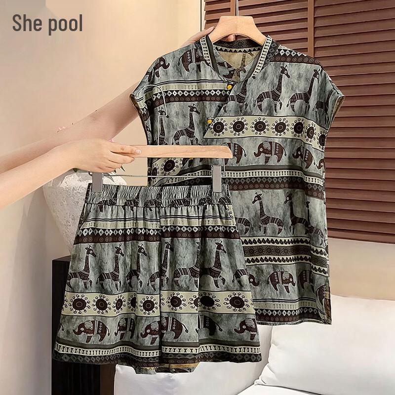 Women s Old Money Style Printed Shirt & Shorts Set L