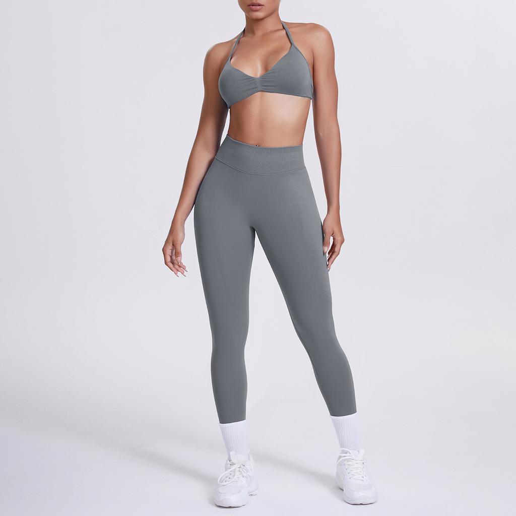 Seamless solid color beautiful back neck bra trousers yoga suit set tight running fitness two-piece set