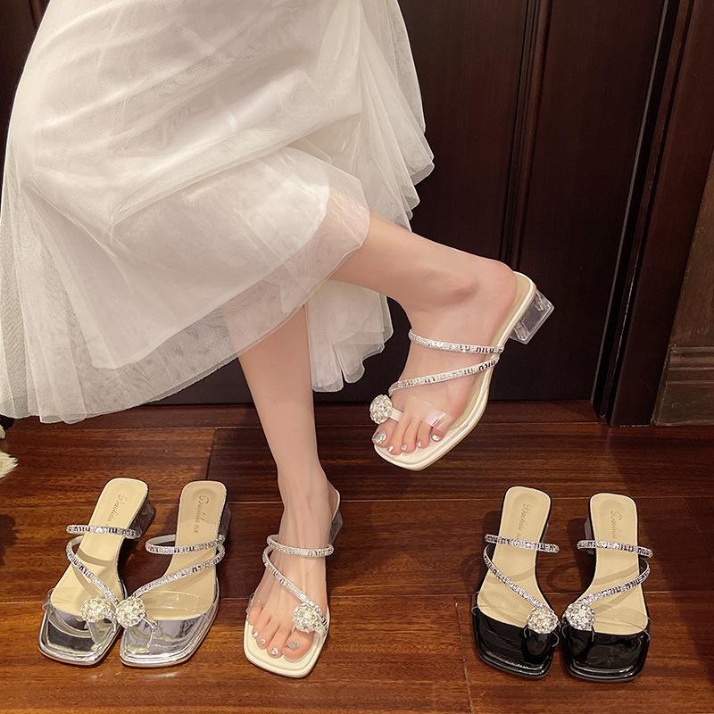 Summer new 2025 crystal sandals with skirt wear high-heeled thick-heeled women's rhinestone cool slippers