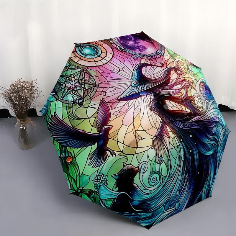 1pc Stained Glass Witch Design Automatic Opening Folding Umbrella with 8-Bone Iron Frame, Suitable for Fans, Travelers, Daily Use, and Festive Gifts -