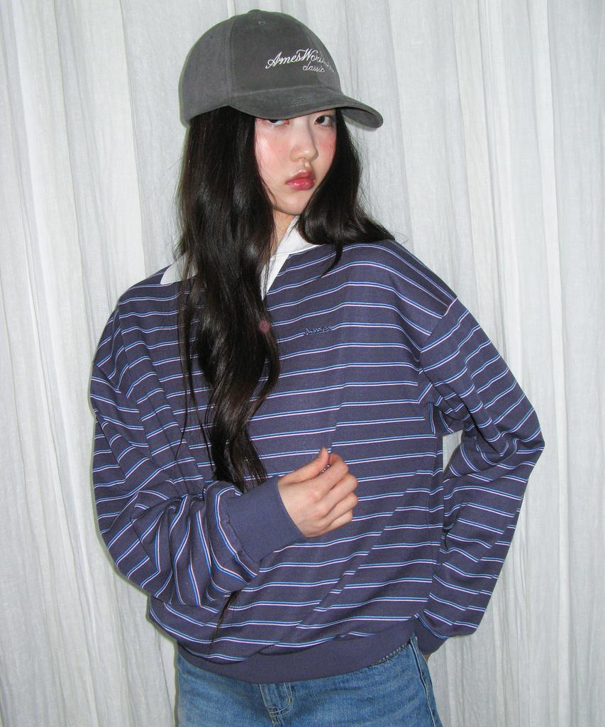 AMES-WORLDWIDE V Neck Collar Stripe Sweatshirt Purple