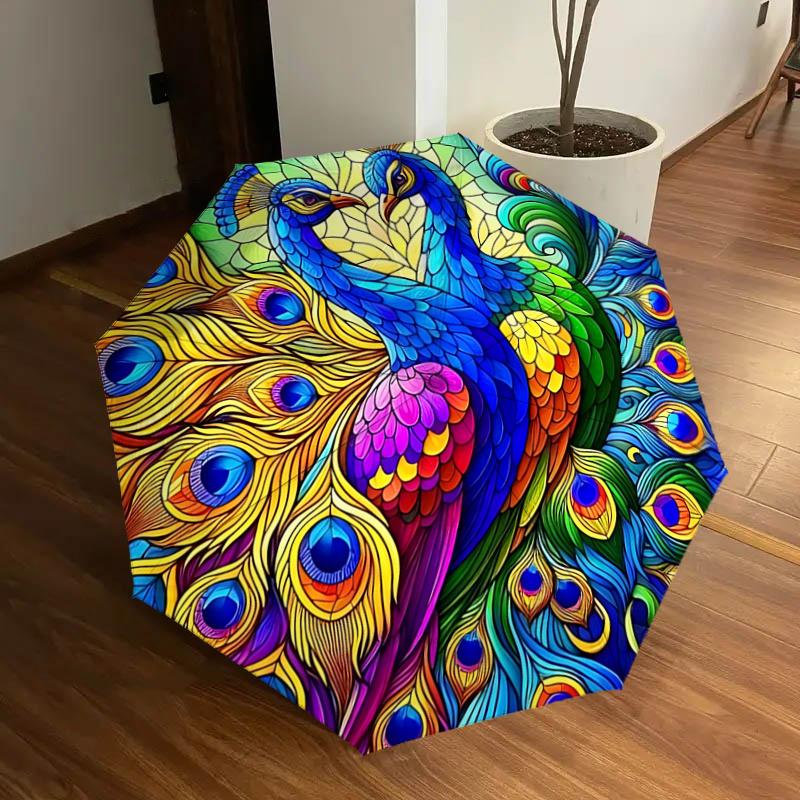 

Colorful Peacock Feather Design Automatic Opening/Closing Umbrella with Convenient Three-Fold Design, 8-Bone Iron Frame Outdoor Umbrella, Pe