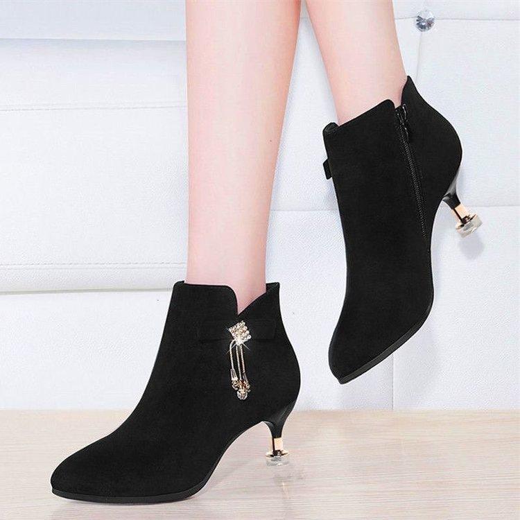 Small Heel Short Boots Rhinestone High Heels Autumn and Winter New Velvet Warm Martin Boots Fashion Boots