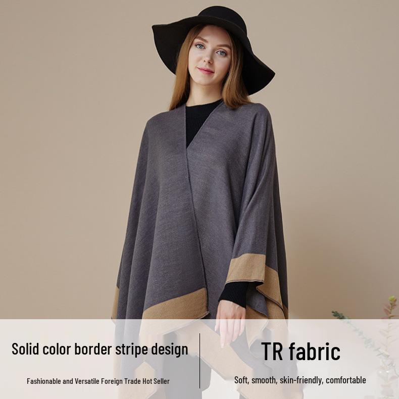 Women's European & American Double-Sided Solid Color Cape Shawl with Striped Edge