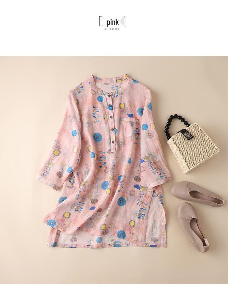 2025 Women's Trendy Loose Nine-Sleeve Printed Ramie Stand Collar Pullover Shirt