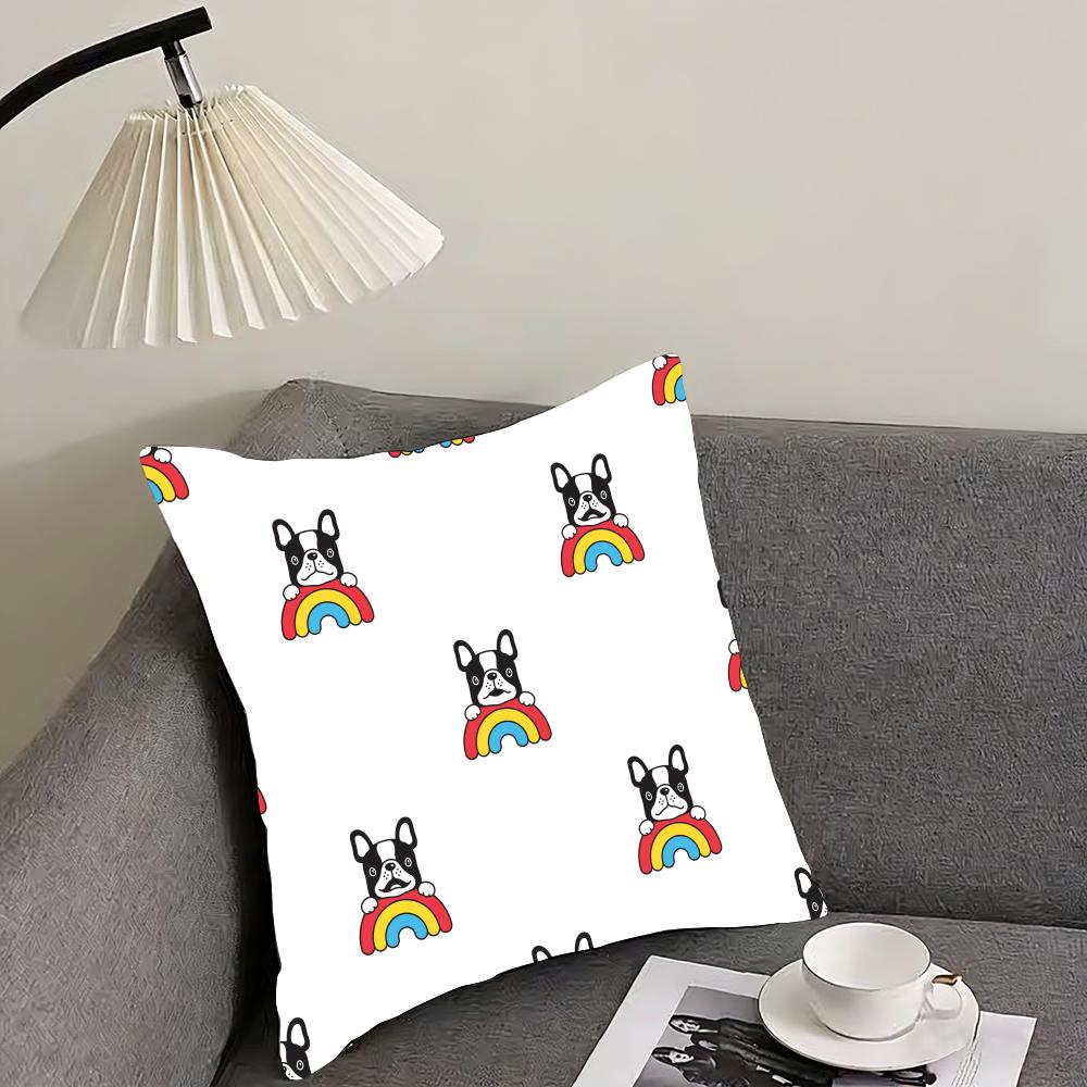 Cartoon French Bulldog Pattern Cushion Cover Reversible Plush Pillow Cover – For car, sofa, bedroom, perfect as a gift.