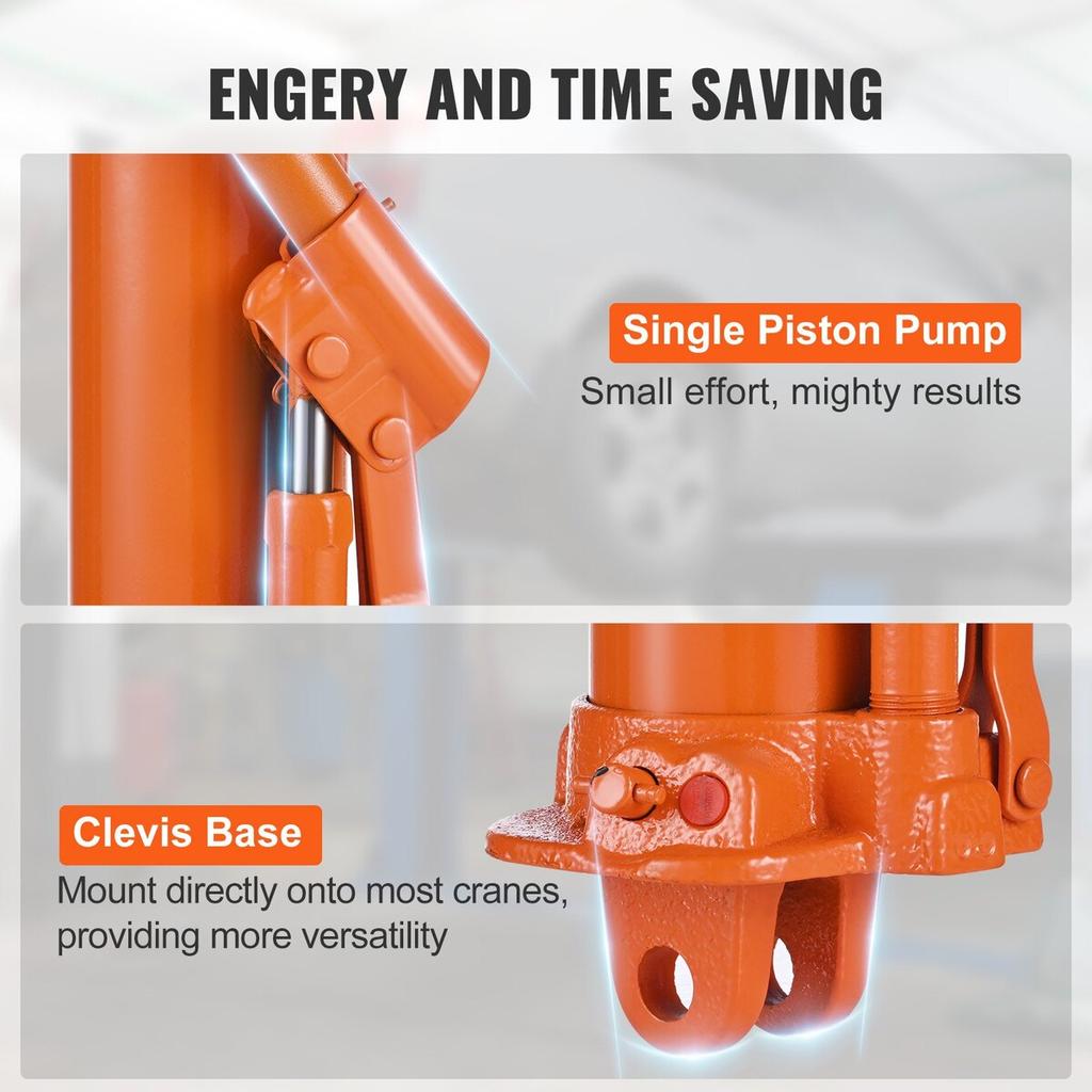 Hydraulic Long Ram Jack, 8 Ton Engine Hoist Cylinder with Single Piston Pump And Clevis Base, Hydraulic Ram Cylinder for Engine Lift Hoists, Hydraulic