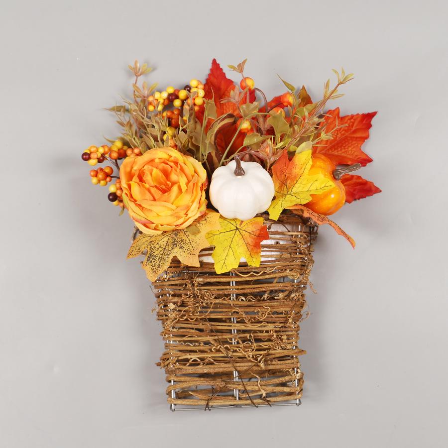 Peony Pumpkin & Maple Leaf Wall Basket - Thanksgiving & Halloween Decor