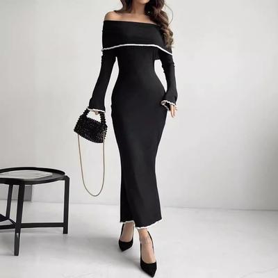 Sweater Women's One Neck Off Shoulder Long Sleeved Dress Spring and Autumn Solid Color Slim Fit Elastic Dress