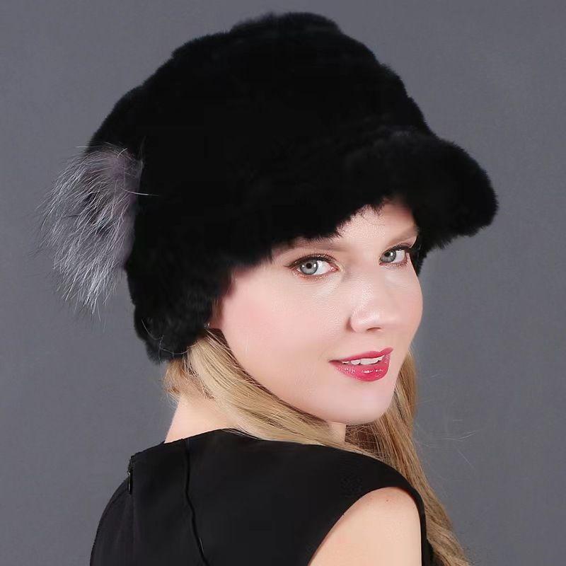Rex Rabbit Fur Hat Genuine Fur Ear Protection Thick Warm Fashionable Fox Fur Flower Duckbill Cap New All-match Autumn and Winter Women's Hat