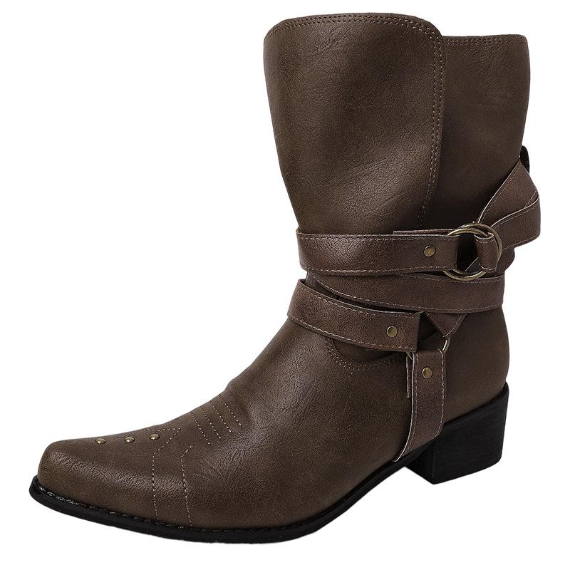 Piaohong leather buckle design sense retro style pointed thick heel short boots women's 2025 autumn and winter new pointed fashion boots