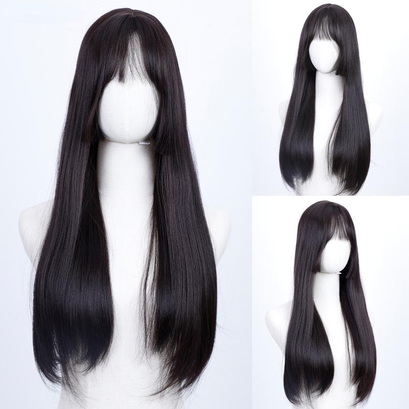 Gold Long Straight Wig Princess Bangs 26 Inch Fiber Synthetic Heat-resistant Sweet And Natural Party or Selfie For Women Korean Fashion