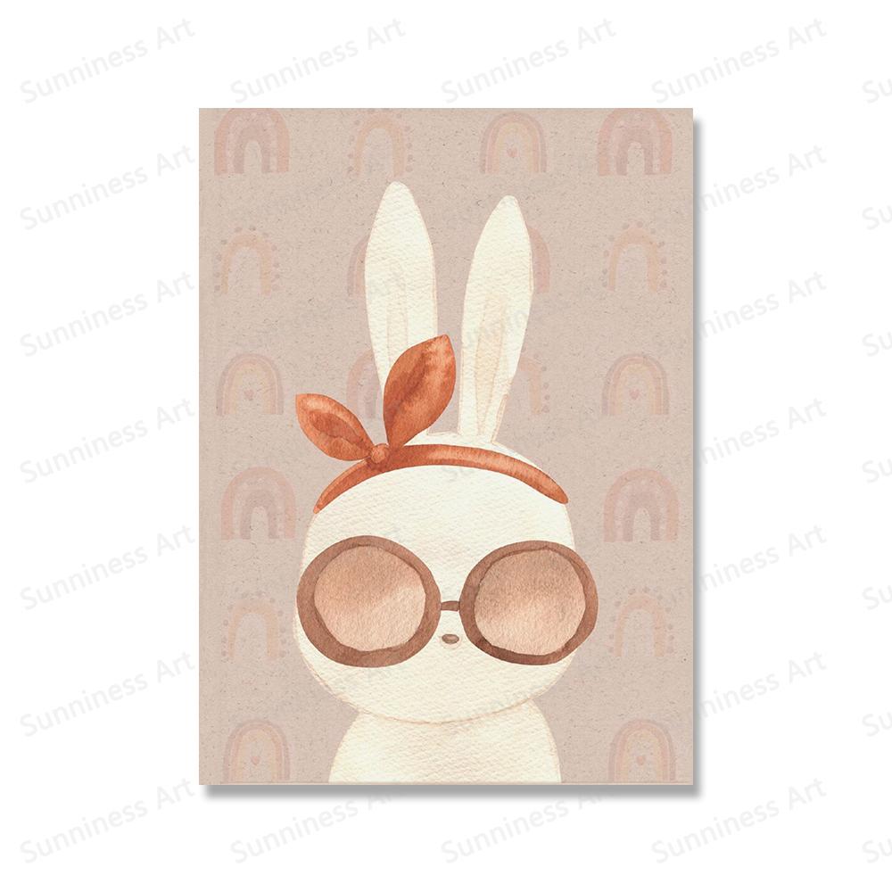 Boho Rainbow Bunny Wall Art Canvas Painting Nordic Poster Art Prints Cactus Rabbits Pictures for Girls Room Childrens Room Decor