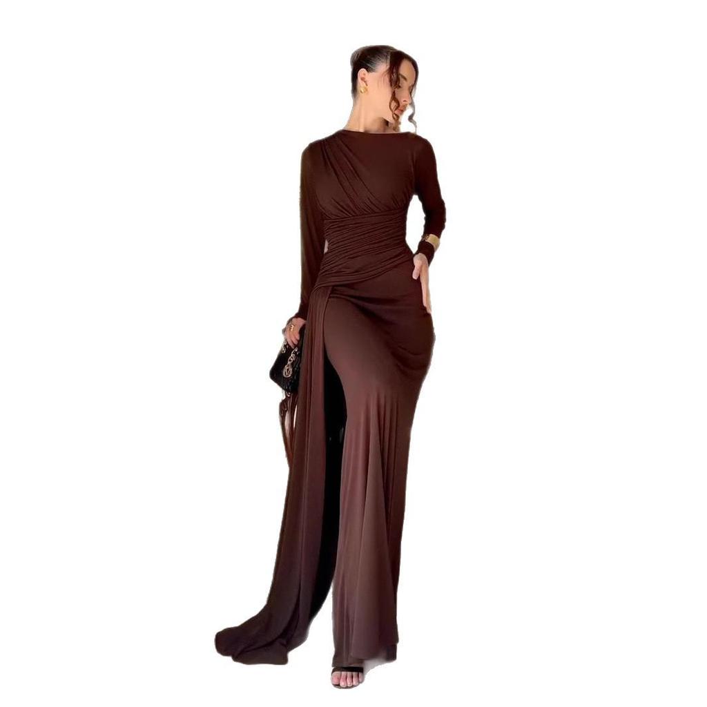 Elegantes Rüschen-Abendkleid mit langem Ärmel und Schlitz, Sommer 2025
