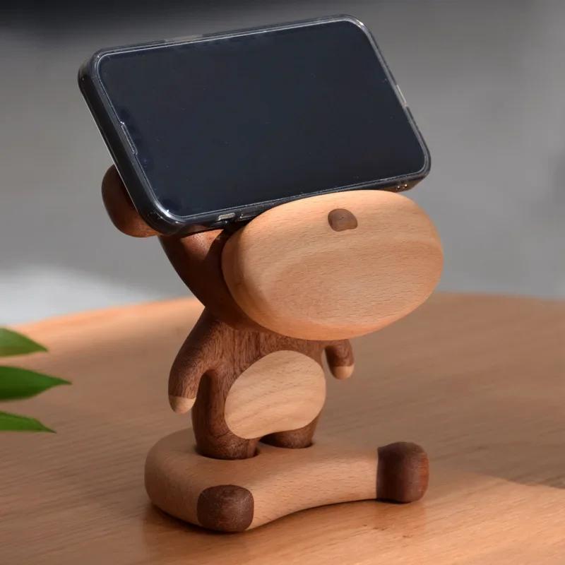 Solid Wood Creative Monkey Mobile Phone Stand Cute Mobile Phone Base Desktop Decoration Decoration Birthday Gift Glasses Stand