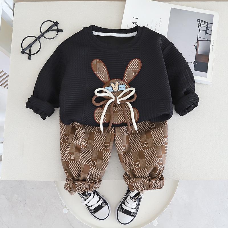 

Boys Spring and Autumn Set, plaid rabbit long sleeved hoodie, plaid long pants two-piece set, casual children s clothing 110cm чорний