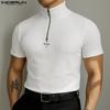 T-shirt casual da uomo a maniche corte con zip e collo alto, tinta unita e vestibilità aderente