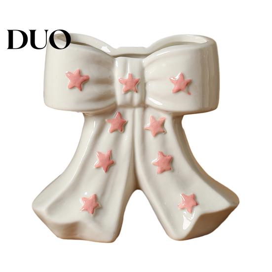Dried Flower Holder Ceramic Bow Vase with Star, Decorative Flowers Vase, Creative Romantic Home Accessories Arrangement for Living Room Table