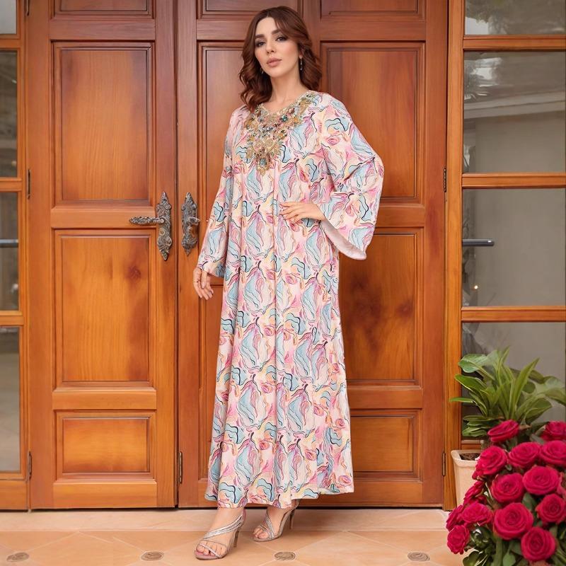 Dress Sequined Embroidery V-neck Horn Sleeve Loose Long Dress Women