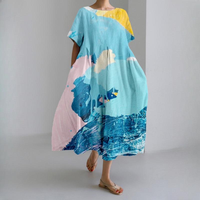 IHUASU 3D Lingering Hemp Crafted Short Sleeve Women's Dresses