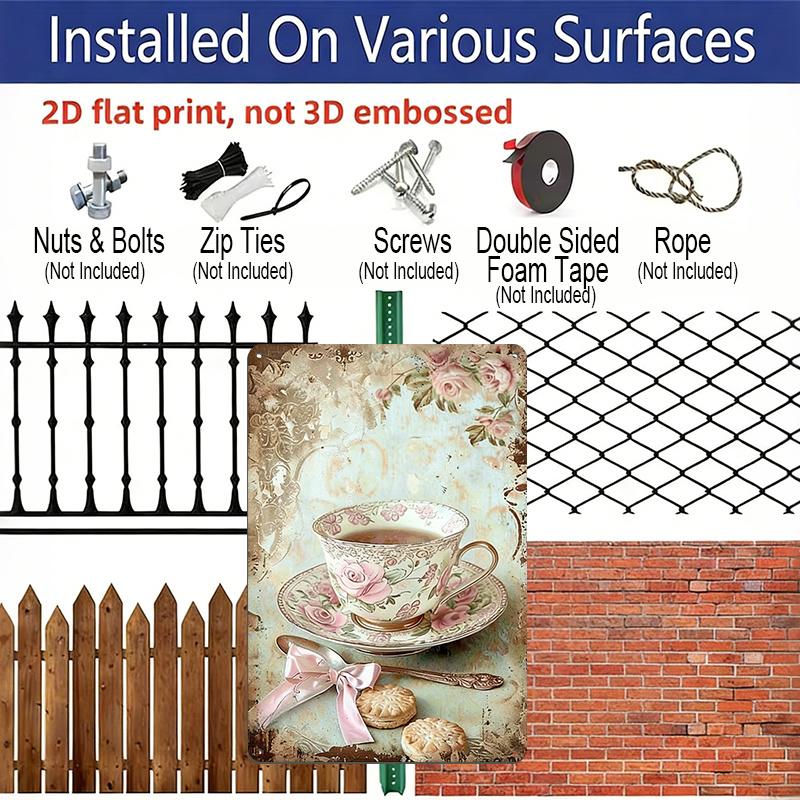 2D Flat 1pc Vintage Floral Teacup Metal Wall Decor - 8x12 Inch Aluminium Sign with Pink Roses & Lace, Pastel Spring Home Accent for Bedroom