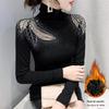 Camiseta de Manga Larga con Cuello Alto y Cordones Adornada con Pedrería para Mujer con Top Térmico de Capa Base con Forro Polar