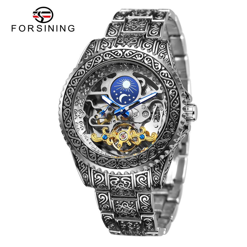 Forsining 378A Skeleton Vintage Style Men's Automatic Mechanical Watch Engraved Case & Band Life Waterproof Business Elegant
