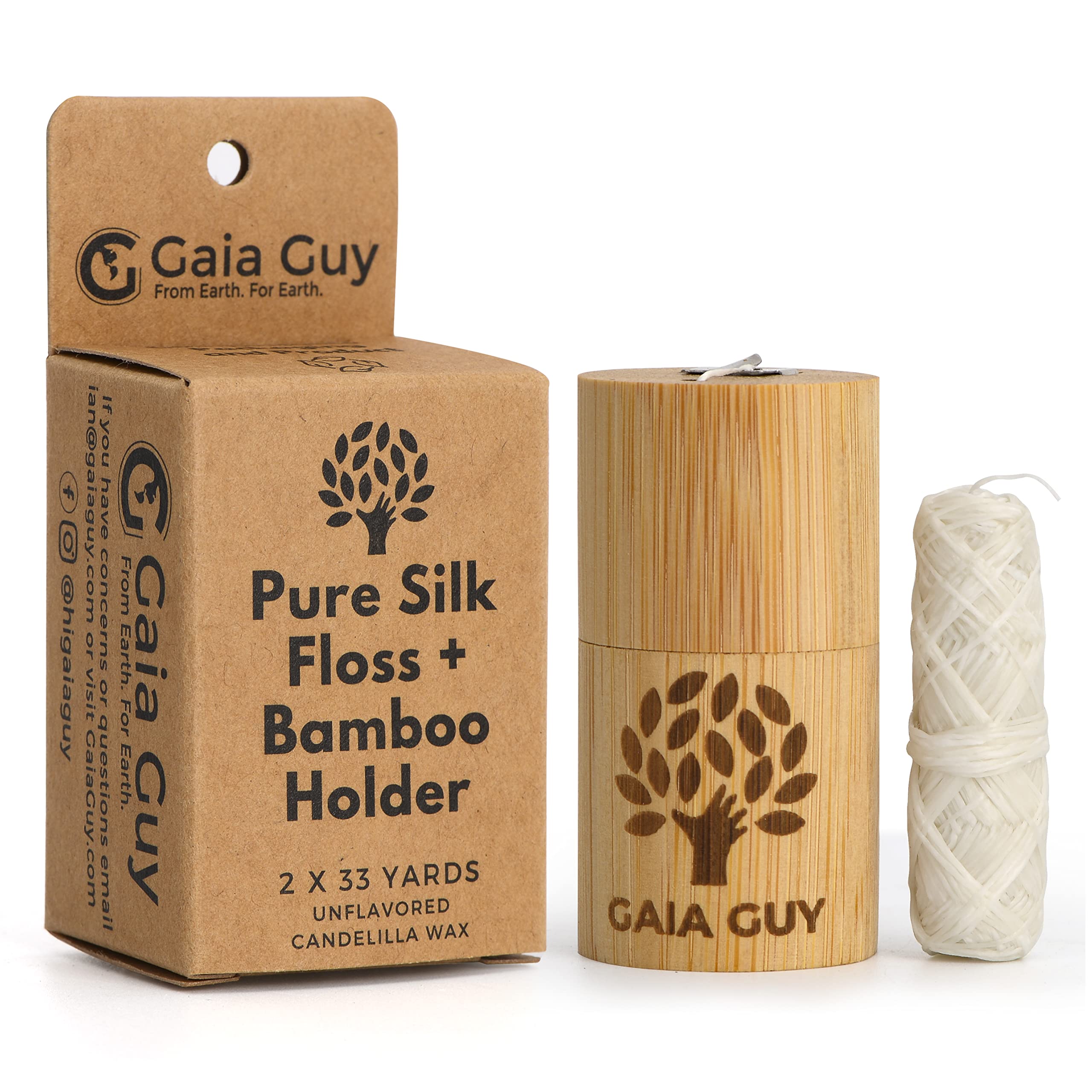 

Gaia Guy Natural Неароматизированная шелковая зубная нить со сменным стержнем для нити, многоразовый бамбуковый держатель, 2 шт., 33 ярда, компостируемый чистый шелк с канделильским воском